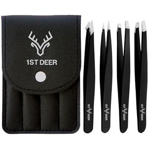 1st Deer Pincet, Professionele Roestvrij Staal Pincetten Set van 4 - Met Handig Etui - Voor Wenkbrauwen, Ingegroeide Haarverwijdering, Wimperverlenging - Geschikt voor Vrouwen en Mannen (zwart)