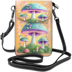 De ontluikende en draaiende bloem patroon dames lederen flap telefoon tas multifunctionele kleine crossbody tas voor dagelijks gebruik en reizen, fantasie paddestoel, Eén maat