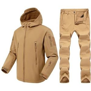 Tweedelige Tactische Kleding, Tactisch Herenjack Lichtgewicht Cargobroek, Wandelbroek Waterafstotend Fleecegevoerd Meerdere Zakken(Khaki,3XL)