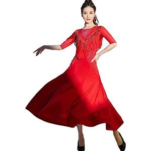 Yhsgscr Ballroomdanskostuums voor volwassenen Middellange mouwen Wals Big Swing Rok Flamenco Foxtrot danskleding met franjes voor dames Moderne dansjurk met strass,Rood,L