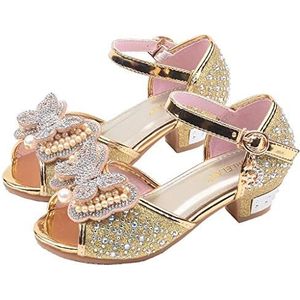 T- Prinsessensandalen voor meisjes, hoge hak met strik, schoenen, feestje, glitterpumps, feestelijke meisjesschoenen, carnaval, feest, uitvoering, carnavalskostuum, Mary Jane schoenen, schoenen, goud, 33