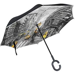 RXYY Winddicht Dubbellaags Vouwen Omgekeerde Paraplu Vrouwen Taxi New York Olieverfschilderij Waterdicht Reverse Paraplu voor Regenbescherming Auto Reizen Outdoor Mannen Vrouwen