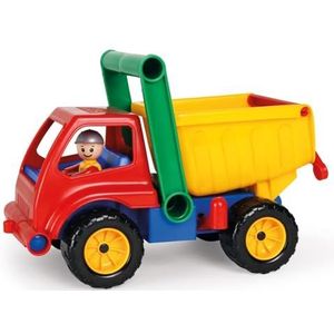 Lena 04150 - actieve vrachtwagen kiepwagen, bouwplaatsvoertuig ca. 27 cm, robuuste kiepwagen met handgreep en beweegbaar speelfiguur, kiepset voor kinderen vanaf 2 jaar