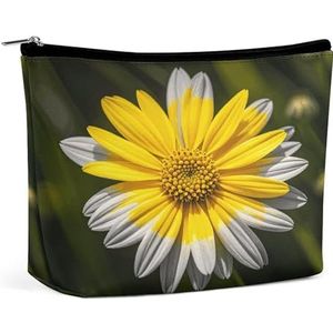 JKLQWH Lederen make-uptas, waterdichte make-uptas voor vrouwen, geelgrijze bloem, open platte toilettassen, draagbaar zakje met rits, make-up organizer hoesje voor reisaccessoires, geelgrijze bloem