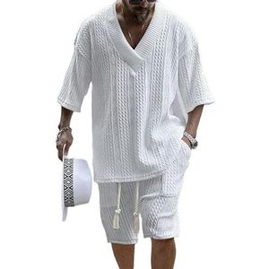 Mens shorts Summer Casual Shorts Set Knitted Two Piece Men'S Clothing V-Neck Short Sleeve T-Shirt And Shorts Streetwear Knit Outfits-White-L