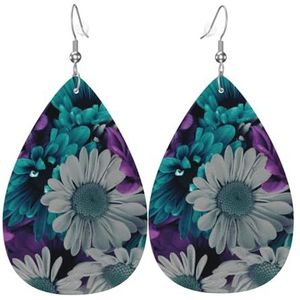 LAMAME paars en teal bloemen gedrukt Teardrop Dangle Earring Dames lederen oorbel, Eén maat, Kunstleer, Geen edelsteen