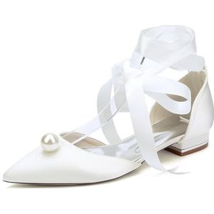 KYEGLO Gesloten Satijnen Platte Schoenen Voor Dames, Instapsandalen Met Grote Parel, Puntige Bruidsschoenen Voor Dagelijks Gebruik, Feestjes En Bruiloften,ivoor,36