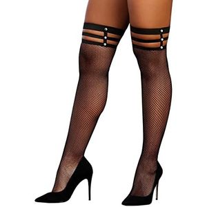 Dreamgirl Women's Fishnet Thigh High Stockings with Strappy Elastic Top Hosiery, Black, One Size