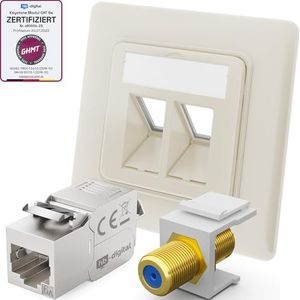 hb-digital Set: aansluitdoos RAL 9010/9003 met Keystone Module Cat. 6a en F-aansluiting multimedia-keystone voor patchpanel netwerk bus Keystone-houder adapter plug & play wit