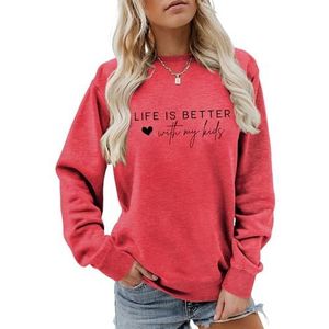 Life Is Better with My Kids sweatshirt voor vrouwen grappige liefde hart print shirts lange mouw jas tops (XL, rood), Rood, XL