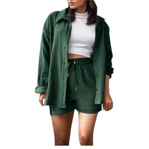 2024 Vrouwen Modieuze Casual 3 Delige Set Gerimpelde Stof Shorts Gaas Vest Vest Casual Set Vrouwelijke Street Wear (Color : Dark green, Size : L)