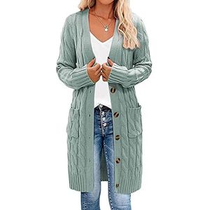 Earnmore Damesvest met lange mouwen, gebreid, lang model, openvallend, met knopen, bovenkleding, lichtgroen, maat M