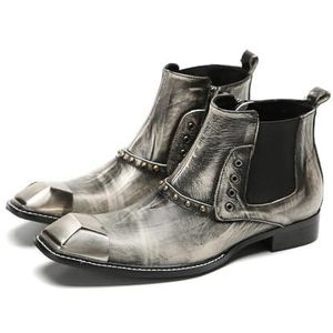 ZZveZZ Heren Winter Zwart Grijze Korte Laarzen Metalen Antislip Lederen Schoenen Met Vierkante Neus (Color : Gray, Size : 43 EU)