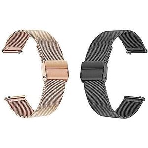 Smartwatch Milanese Horlogeband 2 Stuks, 10 12 14 16 17 18 19 20 21 22MM Horlogeband Met Snelle Ontgrendeling Vervangende Polsband Met Dubbele Gesp (Color : Black+Rose Gold, Size : 17MM)