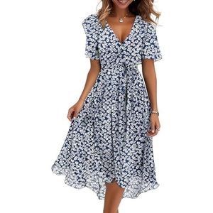 yk8fass Chiffon Print V-hals Jurk nr-3098, Blauw Wit Bloemen, S