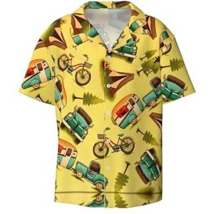 OdDdot Auto en fiets print herenoverhemden atletisch slim fit korte mouw casual business button down shirt, Zwart, 4XL