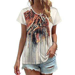 Abstracte tijger schilderij vrouwen V-hals T-shirts leuke grafische korte mouw casual T-shirt tops XL