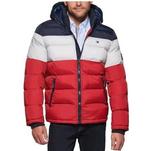 Tommy Hilfiger Klassieke donsjack met capuchon voor heren (standaard en groot en lang) alternatieve buitenkledingjas, Middernacht/Wit/Rood, M