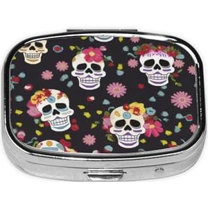 Stijlvolle vierkante pillenkoker bloem horror schedel metalen pillendoos 2 compartimenten medicijnpillenhouder draagbare pillenorganizer doseerdoos, kleine pillendoos voor reizen voor portemonnee en
