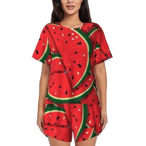 Rode watermeloenprint dames zomer zachte tweedelige bijpassende outfits korte mouw pyjama lounge pyjama sets, Zwart, 4XL