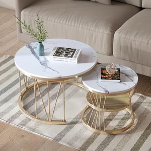 QMTXBYJ Set van 2 uittrekbare salontafels, ronde marmeren salontafel, uittrektafel voor de woonkamer met metalen poten, industriële meubelstijl, ronde bijzettafels, (diameter 70 x 45,5 cm + Ø 45 x 40