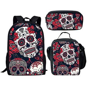 Jeiento Duurzame schooltas lunchtas potloodtas reizen camping rugzak voor jongens en meisjes, Suger Skull (zwart) - School bag set-18