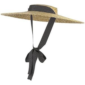 XHQ Dames zomer hoeden, grote omrande strohoeden, dames zomer strandhoeden, platte top zonnehoeden, dames stro zomer hoeden-wit stip zwart, 13cm