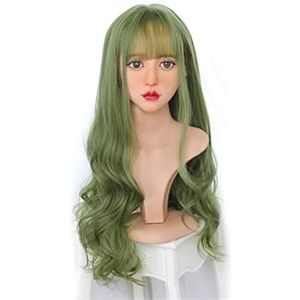 DieffematicJF Pruik Green Long Curly Hair Full Top Full Head Cover High Temperature Silk Wig