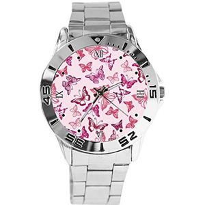 Roze vlinder ontwerp analoog polshorloge quartz zilveren wijzerplaat klassieke roestvrij stalen band vrouwen mannen horloge