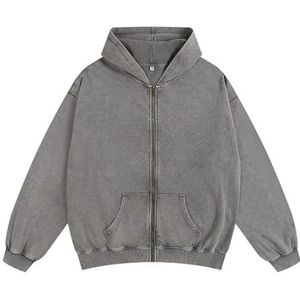 VIVACRAFT White Fox Hoodie Men Zip Up Vintage Washed Heavy Weight French Terry Blank Oversized Sweatshirt Streetwear Unisex-gray-xxl