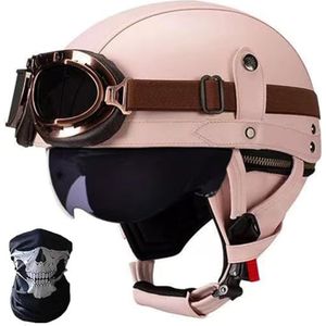 Duitse leren motorhelmen, halve schaalhelm met DOT/ECE, retro jethelm, scooterhelm, chopperhelm, fietshelm, met zonneklep en snelsluitingen open helm I,L=59-60CM