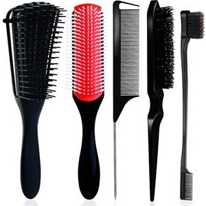 9-rijen kussen nylon borstelharen shampooborstel + ontwarrende borstel voor krullend haar, ontklitter borstel haarontklitter + 2 verschillende randborstel dubbelzijdig + rattenstaartkam