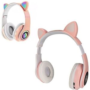 Cat Ear Bluetooth Headset, Leuke Draadloze Bluetooth Headset Oortelefoon, Bas Opvouwbare Draadloze Hoofddeksels Ademhalingslamp Headset, voor Kinderen, Cat Ear Led Lights Design(Roze)