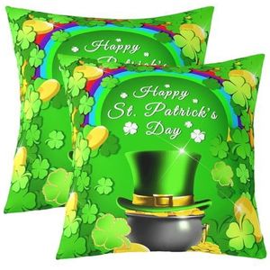 St.Patrick's Day sierkussenslopen 50 x 50 cm set van 2 geluksklaverblaadjes decoratieve kussensloop voor bank auto meisjes regenboog grote pot gouden kussenhoes groene hoed buiten kussenslopen