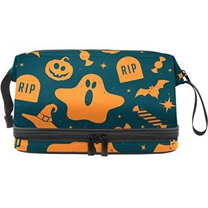 Dubbele Laag Cosmetische Tas Gelukkige Halloween Draagbare Make-up Tas Reizen Organizer Pouch voor Vrouwen Meisjes Toiletartikelen Tassen, Meerkleurig, 27x15x14 cm/10.6x5.9x5.5 in, Make-up zakje