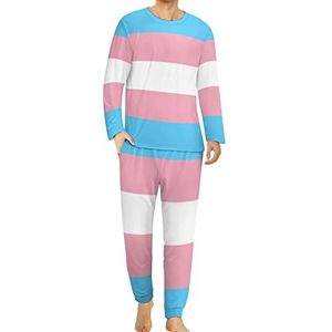 Transgender Pride Flag Comfortabele herenpyjama-set met ronde hals en lange mouwen, loungewear met zakken, XL