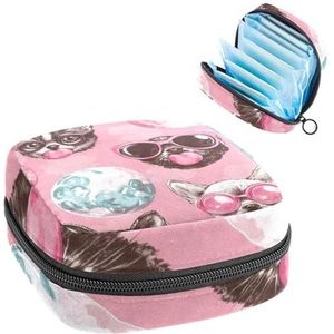 Draagbare maandverband Opbergtas, Menstruatiecup Pouch Vrouwelijke Menstruatie Pads Tas voor Tiener Meisjes, Tampons Eerste Periode Kit, Kitten en Puppy Hoofden met Roze Zonnebril