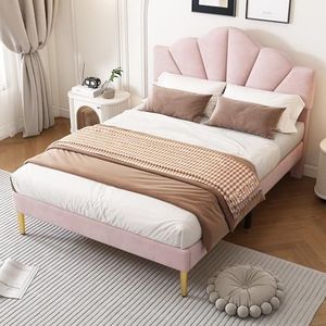 Aunvla Fluweel, gestoffeerd bed, 140 x 200 cm, tweepersoonsbed, schelpachtig bed met gouden ijzeren poten, in hoogte verstelbaar hoofdeinde, houten lattenbodem, roze