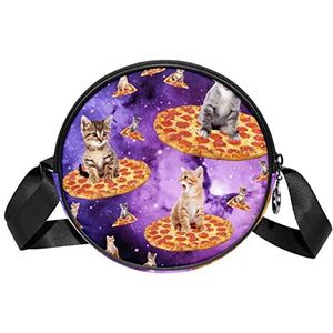Ronde Crossbody Tas Messenger Bag Purse voor Vrouwen Cat Star Sky Pizza, Meerkleurig, 6.7x6.7x2.3 in, Sling Rugzakken