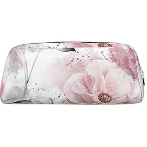 Roze bloemen en bladeren op grijze make-up tas lederen etui reizen toilettas cosmetische tas dagelijkse opbergtas voor vrouwen, Zilver, Eén maat, Tas Organizer