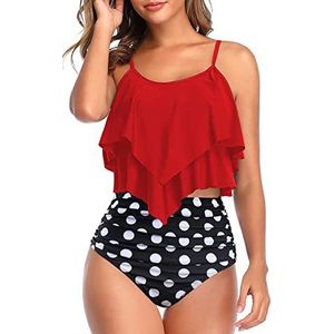 Genfien Badpak voor dames, ruches, tweedelige bikini met hoge taille, badmode, volant, bedrukt badpak, rood, S