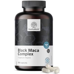 HealthyWorld Zwarte Maca Complex 5000 mg - met Siberische Ginseng, L-arginine, Zwarte Peper en Zink - 180 Plantaardige Capsules - XXL-verpakking - 6-maandenvoorraad