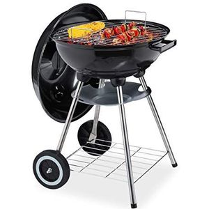 Relaxdays houtskool bbq met deksel, plateau & as opvangschaal, tuin & camping, grill ∅ 40 cm, houtskoolbarbecue, zwart