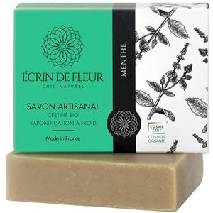 Écrin De Fleur - Biologische muntzeep voor heren, all-in-one zeep, gezicht, lichaamswas, haar en scheerbeurt, handgemaakt in Frankrijk met spearmintolie, pepermuntolie en muntbladpoeder, 1 x 90 g