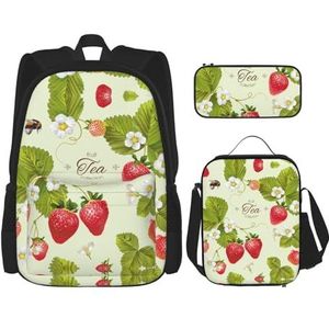 SUHNGE Llama Alpaca Cactus Print Travel Backpack3 stuks Set, Lichtgewicht Waterbestendig Boekentas, Lunch Tas, Potlood Case, Mooie Aardbei, Eén maat