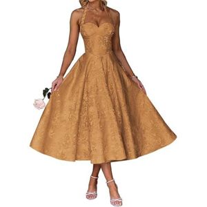 AHERKLL Spaghetti Bandjes Bruidsmeisjes Jurken Jacquard Satijn Halter Formele Avond Feest Maxi Jurk HAH046, Verbrand Oranje, 32