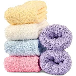 Hocerlu 5 paar pluizige knuffelsokken voor dames, premium dikke warme wintersokken, thermo, hoge elasticiteit, superzacht, geen pluisjes, geel, wit, blauw, roze, violet, 35/41 EU