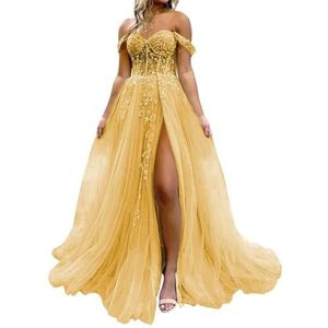 HPPEE Dames off-shoulder galajurken met split kant applicatie glitter tule formele jurk lange baljurk, Goud, 32