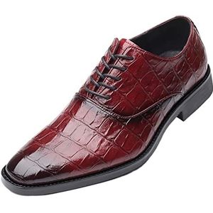 Ninepointninetynine Oxford-kledingschoenen for heren Veterschoenen Gepolijste neus Krokodilprint Schoenen PU-leer Rubberen zool Antislip Blokhak Lage top Non-slip schoolfeest(Red,45.5 EU)