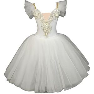 Omfpafeu Meisjes balletjurk met ruches lange pluizige tule rok TUTU-dansereskostuum podiumcollectief optredenkostuum,Wit,110
